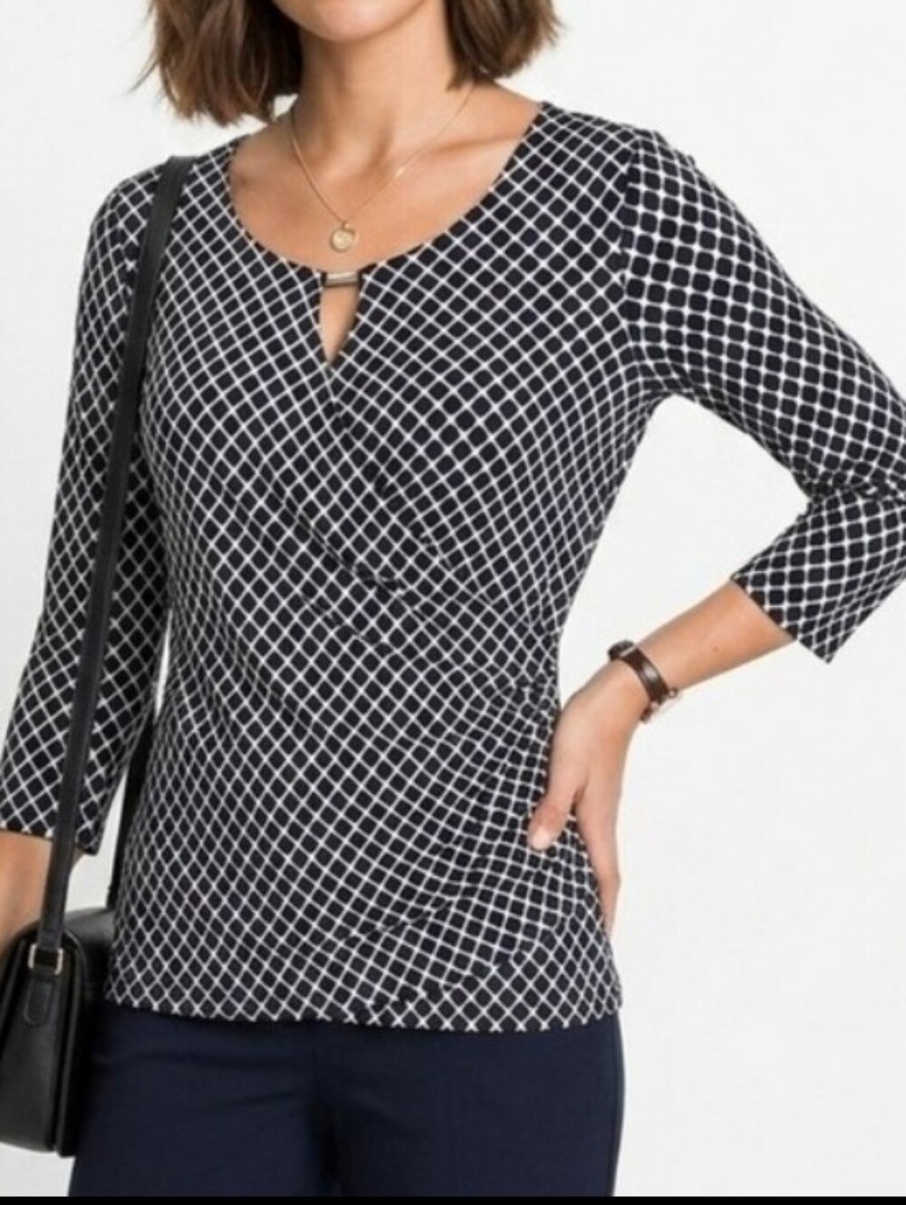 New York & Company Stretch Pullover Top Black White Medium